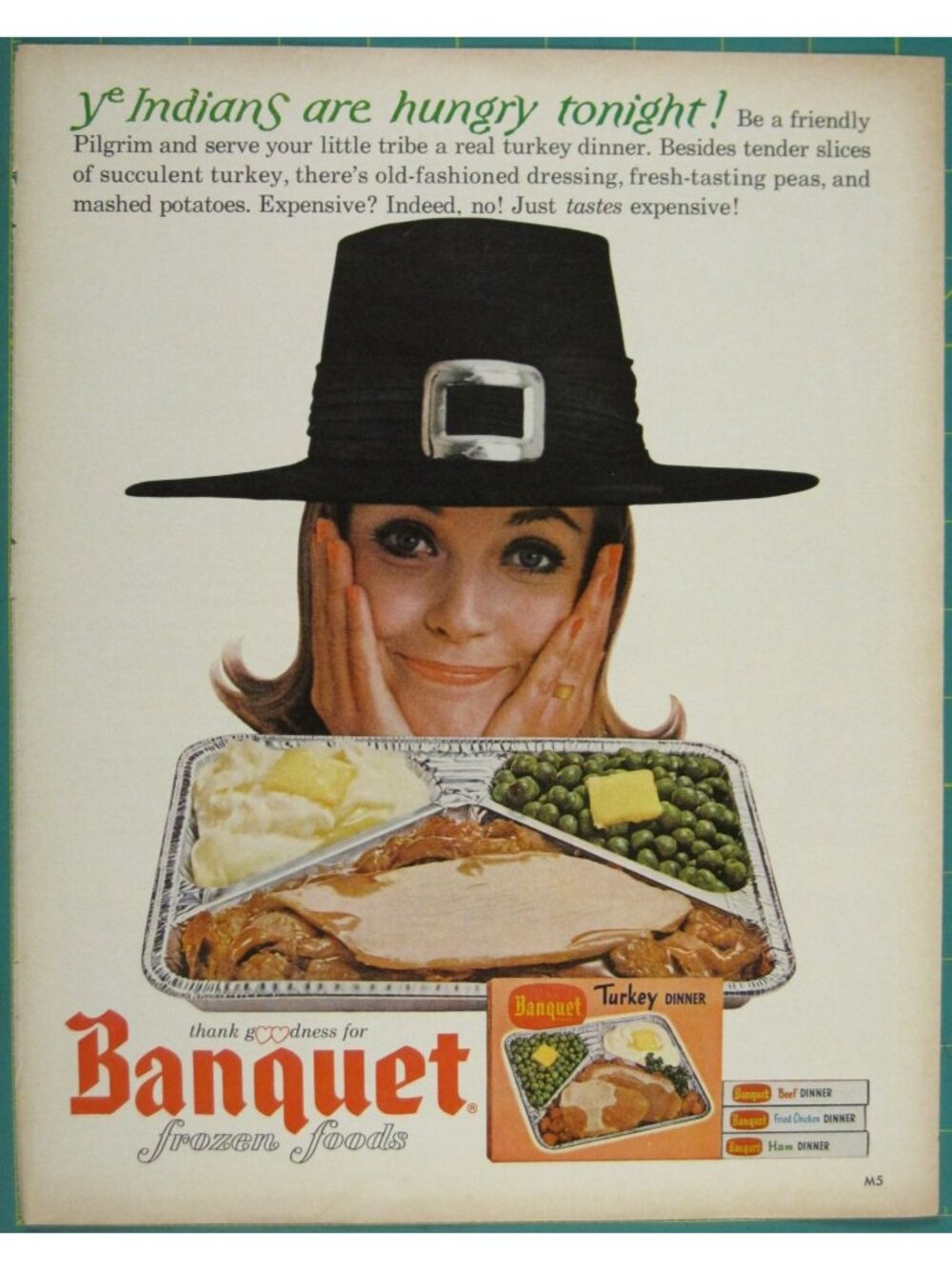 Print Ad Banquet Frozen Foods Turkey Dinner Pilgrim Theme Mashed Potatoes & Grav